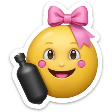 A happy face emoji holding a bomb and the bomb has a cute pink bow on the bomb sticker
