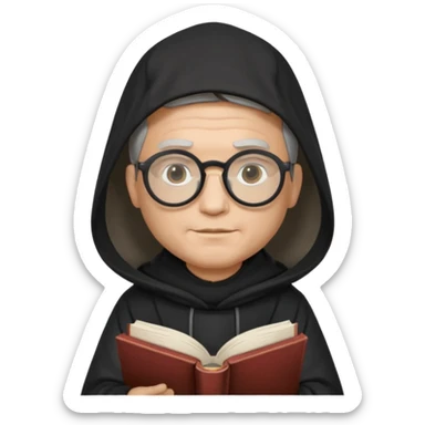 Monk priest prayer black habit with hood round black glasses done light brown wavy hair under hood remove the medallion smaller more round glassed age 46 no necklace more oval face hand holding book that says RB 480 top left is great add a little hair brown gray under hood  sticker
