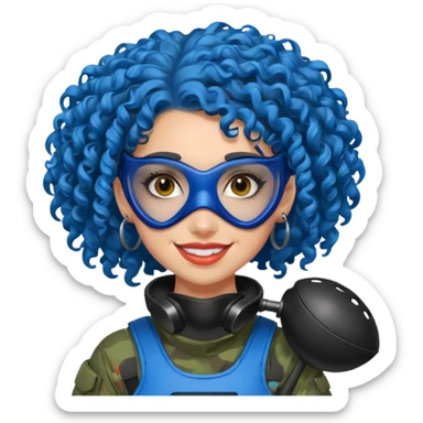 blue curly haired paintball player girl with huge earrings, wearing paintball mask sticker