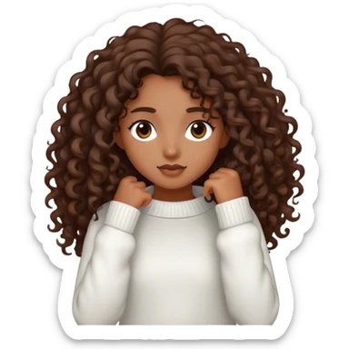 Girl with long curly hair with brown skin and dark brown eyes wearing a white sweater sticker