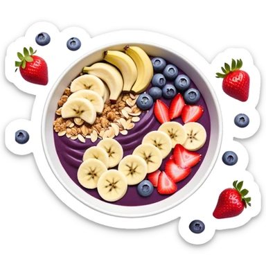 A vibrant açaí bowl with a deep purple smoothie base, topped with neatly arranged banana slices, fresh strawberries, blueberries, granola, and coconut flakes. The bowl is modern and minimal, with clean lines and a balanced composition. Flat, digital illustration, cartoon style, icon, white background, iOS emoji aesthetic. sticker