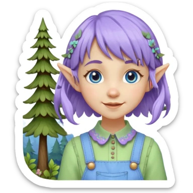 Kind happy whimsical quirky Girl toymaker, wood carving elf. Woodland nature creator. Blue eyes. Short bob, brown wavy hair with bangs. Whimsical playful cute. Overalls with nature embroidered cute shirt collar. Light green, light purple and light blue colour aesthetic  sticker