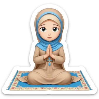 Turkish beautiful finish Konya girl blue eyes with beige flower hijab long tail dress and sits on the pray mat namaz on the ground with dua  sticker