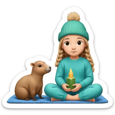 A cute 11-year-old girl with light brown braids in front, wearing emerald green cozy sweater and blue pajama pants, sitting with a fluffy capybara wearing a tiny knitted hat, warm pastel illustration style, soft lighting, Moscow Kremlin spire visible through window in background, 3D render sticker