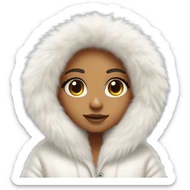 Tanned Girl with lashes ,  in an extremely big fluffy oversized white fur coat with hood on. The fur is real and it’s very obvious big and fluffy like in Pinterest  sticker