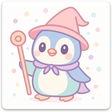 cute cartoon style penguin dressed as a wizard, with a pointy hat and a magic staff sticker