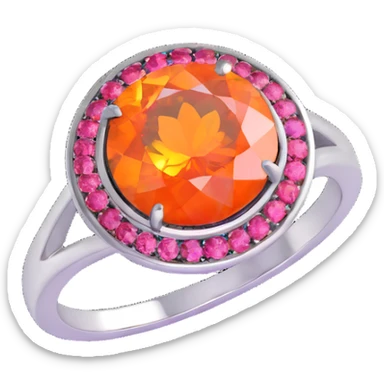round cut pink fire opal with vibrant pink and orange flashes, silver bezel setting, silver jump ring sticker