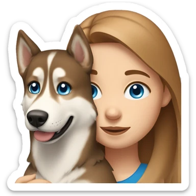 a girl with blue eyes and light-brown hair hugs a husky dog ​​with brown eyes sticker