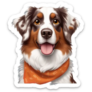 red merle aussie dog wearing maroon and orange VT bandana sticker