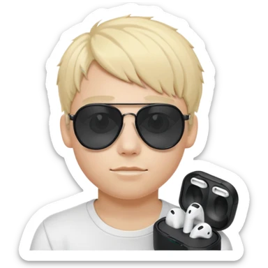 A blonde young boy with airpods and sunglasses at myc sticker