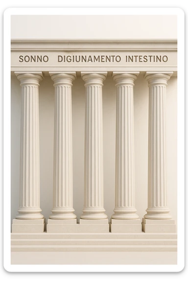 5 pilastri con le scritte "SONNO", "DIGIUNO", "ALLENAMENTO", "INTESTINO", "POSITIVITà" IMMAGINE IPERREALISTICA SFONDO CHIARO IN ITALIANO sticker