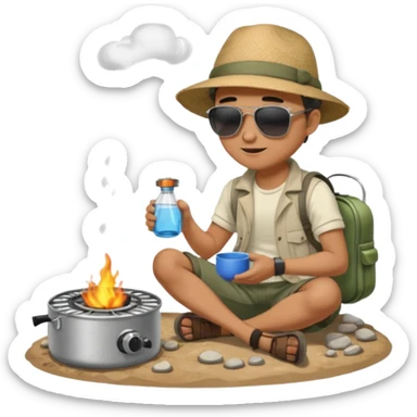 A man camper boiling water on a portable stove, enjoying the outdoor breeze sitting on the ground
 sticker