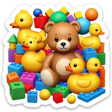 Colorful toys scattered together - teddy bear, rubber duck, toy blocks, ball, and action figures sticker