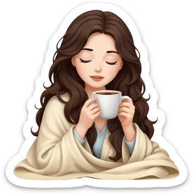Pretty lady with a long wavy dark brown hair inside a cream blanket sipping coffee eyes closed sticker