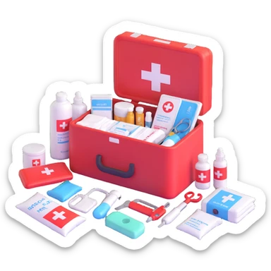 emergency first aid kit box open with medical supplies sticker