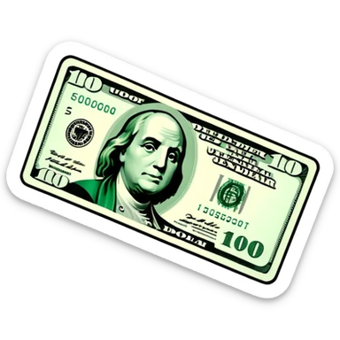 3D realistic US 100 dollar bill sticker, slight perspective, centered, clean cutout, transparent background, no text, no watermark sticker