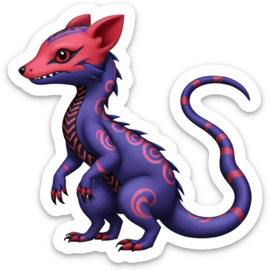 Rare warm-colored exotic gloomy tropical edgy cute epic aesthetic spooky indigo violet white black red gothic colorful Salandit-Noibat-Civet-species-Fakemon-hybrid-creature, with tribal tattoo markings, full body sticker