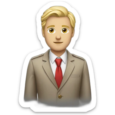 Boss, white skin, blond hair, brown eyes, jacket with red tie sticker