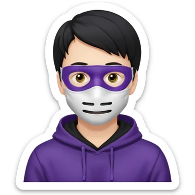 white man with black hair and black hoodie violett face mask sticker