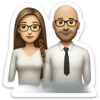 white couple woman with long brown hair and bald man with glasses sticker