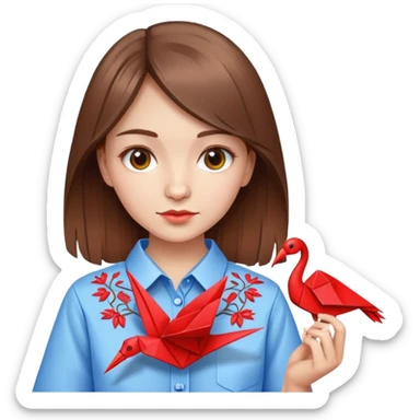 Ukrainian young girl with brown hair wearing an embroidered shirt holds an origami red crane sticker