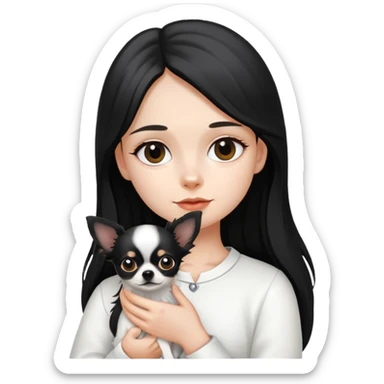 A girl with fair skin, wearing white clothes, holding a black long-haired Chihuahua sticker