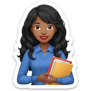 A young woman with long black hair, a wavy frange falling on half of her head. There's a long wavy stretch of hair falling on the side of her head. She's black, medium to dark skinned with thick lips. She's holding folders, and she's a CEO, but she's wearing casual clothes. sticker