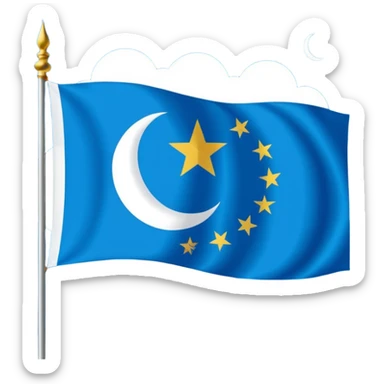 East Turkistan flag, bright sky-blue background, white crescent moon and five-pointed star in top-left corner, flat vector style, simple and clear design. sticker