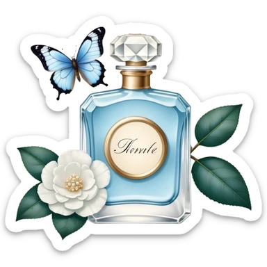 A nostalgic composition of an antique perfume bottle with a crystal stopper, an old love letter, and a single pale blue butterfly resting atop a white camellia.
 sticker
