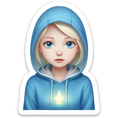 Cinematic girl with large sparkling blue eyes wearing a hoodie sitting, Ultra realistic 32k HD, hauntingly beautiful, Balanced features, highly detailed, glowing, high shine, enchanting, ghostly, dreamy glow, complex pose. The image is so lifelike it could leap off the canvas at any moment sticker
