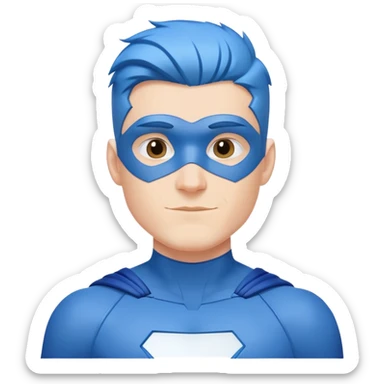 "Emoji of a friendly, clean-shaven man with blue hair, wearing a sleek blue and white superhero suit. The suit has a large blank area on the chest for a logo. Cheerful expression, minimalist style sticker