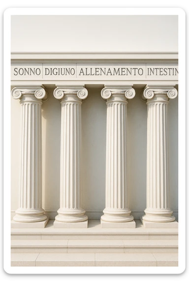 5 pilastri con le scritte "SONNO", "DIGIUNO", "ALLENAMENTO", "INTESTINO", IMMAGINE IPERREALISTICA SFONDO CHIARO IN ITALIANO sticker