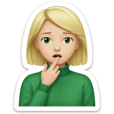 blonde girl has sore throat in green sweater with hand on throat sticker