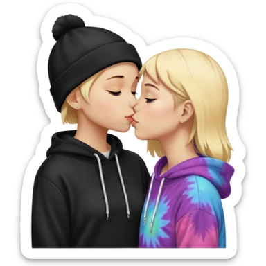 Short short haired white girl in a hoodie and a black beanie kissing a tall short long blonde haired girl wearing a black beanie and a tiedye hoodie sticker