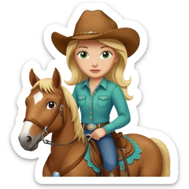 una cowgirl bionda con occhi azzurri/verdi sopra un quarter horse con criniera marrone sticker