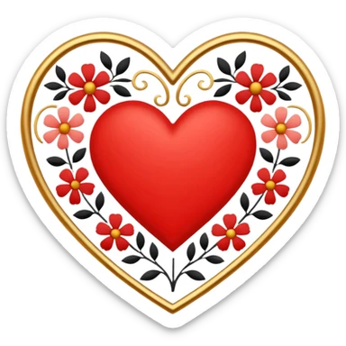 red heart with a simple Scandinavian floral folk motif inside, colorful motif with black outline, simple and bold for small size, gold embossed border around the red heart sticker