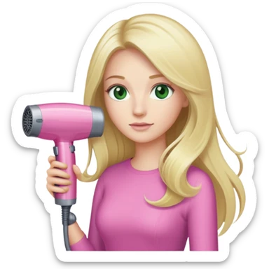 blonde with long hair and swamp eyes holding a pink Dyson hair dryer sticker