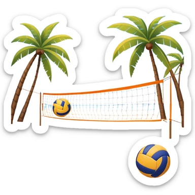 A volleyball resting on the orange sand grownd of a beach, with a volleyball net in the background. The scene captures a sunny beach atmosphere with clear blue sea and sky, palm trees swaying, and people in swimsuits enjoying the vibrant surroundings sticker