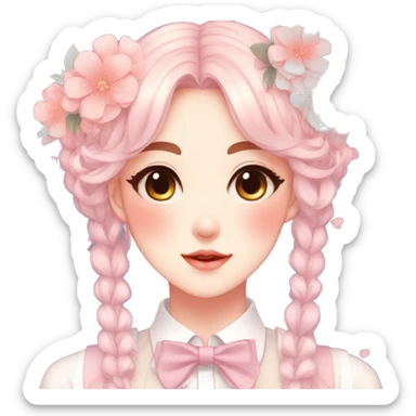 Gorgeous pastel anime style lady with blushing face and flowers and laces and bow ties and pretty hair aesthetic trending style sticker