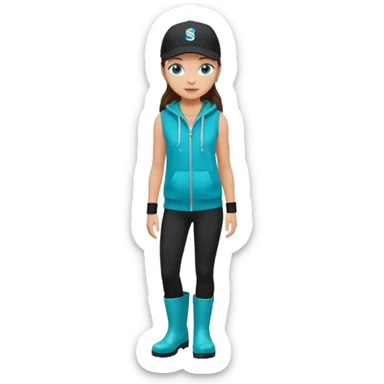 A landscaper in a beautiful turquoise hoody and turquoise rubber boots, black pants, and a black sleeveless shirt. On her head is a black color Swissotel baseball cap. The girl is a brunette with blue eyes. sticker