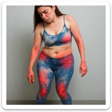 Edit the image of a woman with asymmetric problems: tilted pelvis, visibly unbalanced posture, body showing signs of inflammation with localized redness on main joints and muscles. Render in a clinical realistic style with anatomical details and a medical atmosphere. sticker