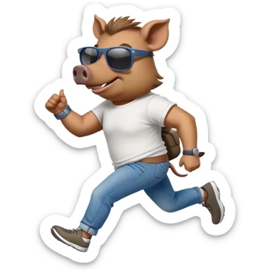 friendly anthropomorphised boar in jeans and a t-shirt, wearing dark sunglasses, jogging upright, relaxed pose sticker