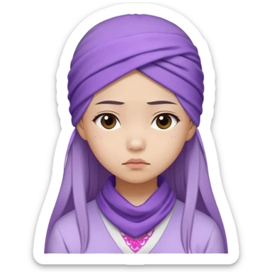 Asian girl with straight long hair, lilac bandana, white and lilac outfit, sad expression sticker