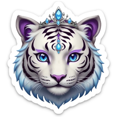 ESO Female white/black tiger khajiit leader of the umbral rose, glowing blue eyes, glowing blue 'third eye' gem; purple gemmed silver tiara sticker