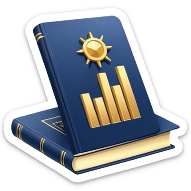 A navy blue productivity book with gold details, chart with upward trend aura, radiating productivity, strategy, and success in motion- sticker