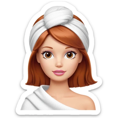 A Barbie face with shoulder-length reddish brown hair, makeup with cream on face and a towel on her head sticker