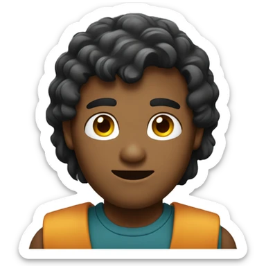 El avatar es un hombre con cabello rizado y oscuro, ojos grandes y expresivos. Sonríe ampliamente y lleva una  bata. Su brazo derecho está levantado en un gesto de saludo. sticker