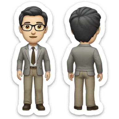 Full height Pale skinned fit man with dark brown hair in gray jacket, beige office shirt, brown tie, brown pants and vintage glasses. His right hand stretched out sticker