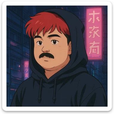 Asian man with a round face, black mustache, red hair, black hoodie, 90s Japanese anime style, soft shading, cyberpunk vibe sticker