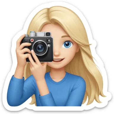  blue eyes blonde girl photographer cartoon taking picture in middle of taking picture camera in front of face long hair smiling funny flash professional, camera in front of face sticker